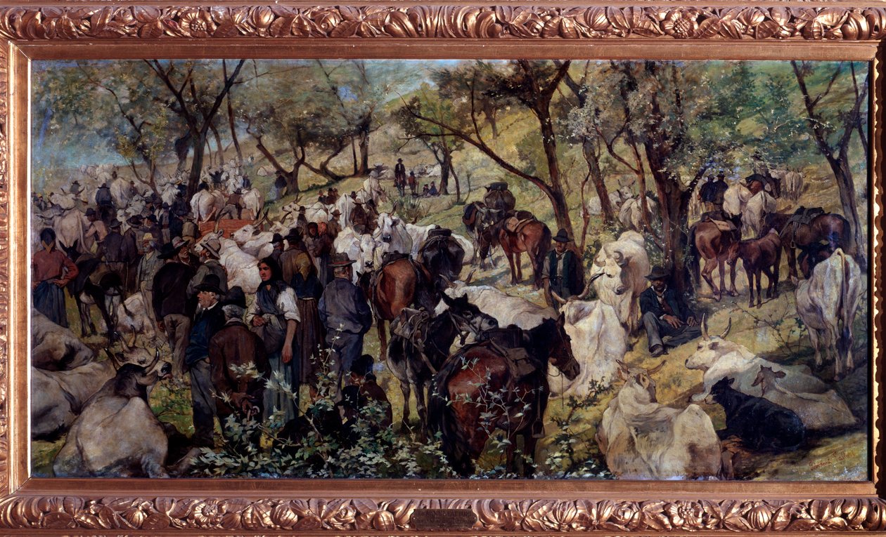 Marknaden i San Godenzo, Toscana (olja på duk av Giuseppe Fattori