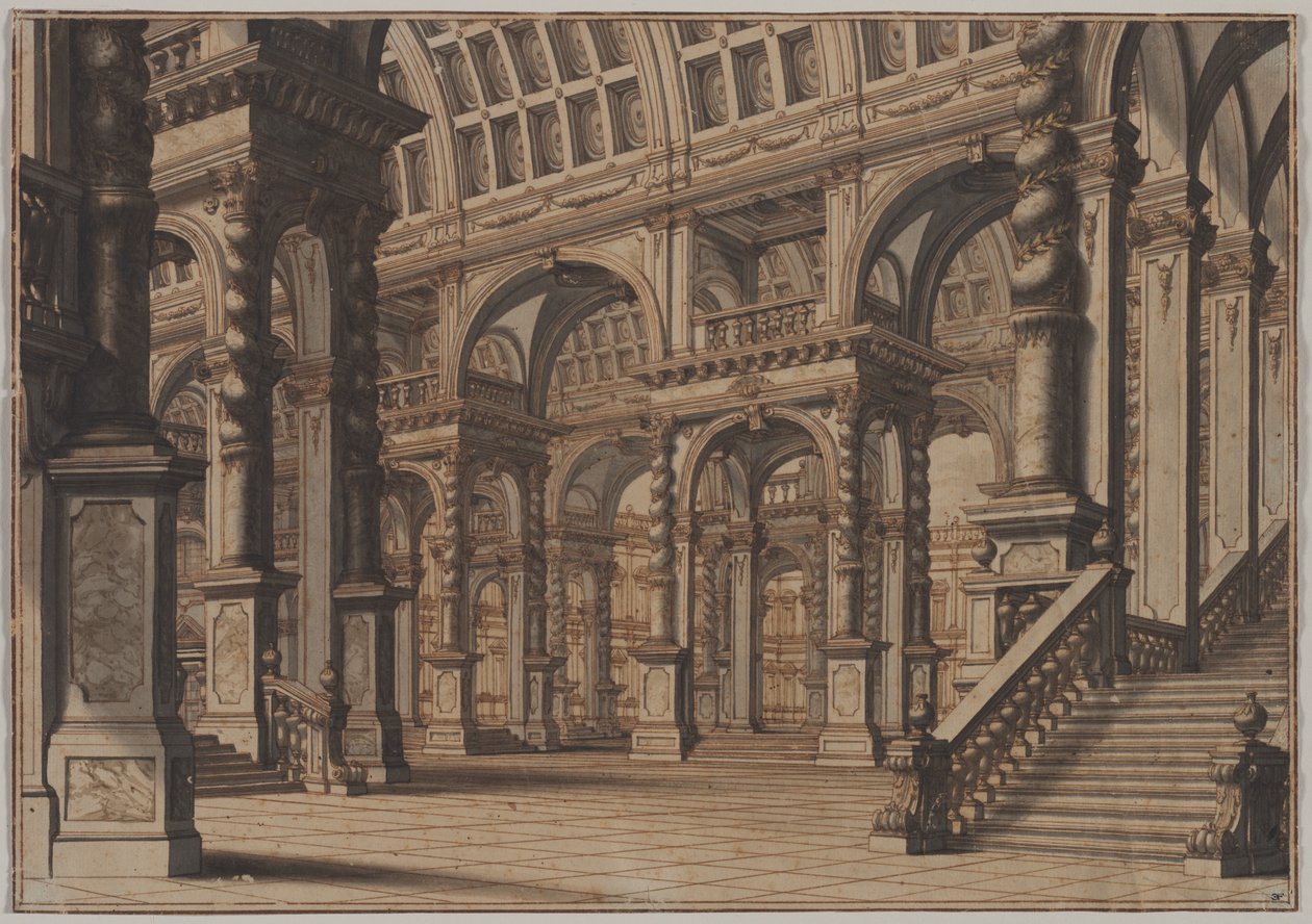 Monumental välvd hall med trappa, andra kvartalet 1700-talet. av Giuseppe Galli Bibiena