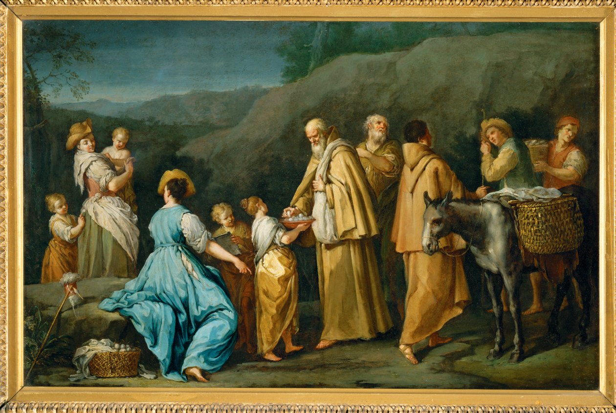 Religieux queteurs a qui une jeune fille donne des oefs - Mendicant friars till vilka en liten flicka erbjuder ägg ... av Giuseppe Gambarini