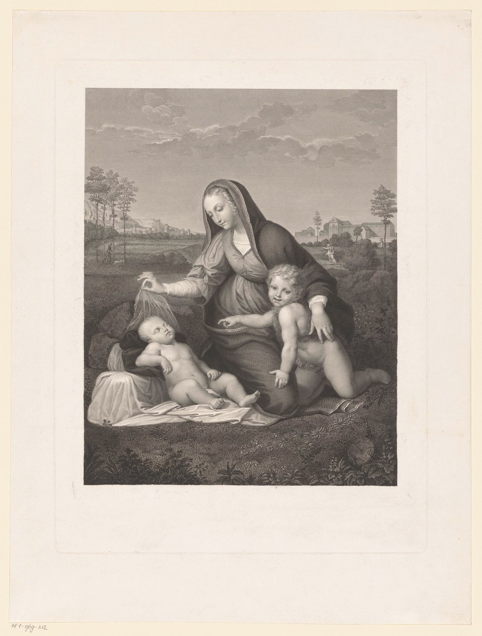 Maria med barnet och den unge Johannes döparen i ett landskap Madonna del Velo av Giuseppe Longhi