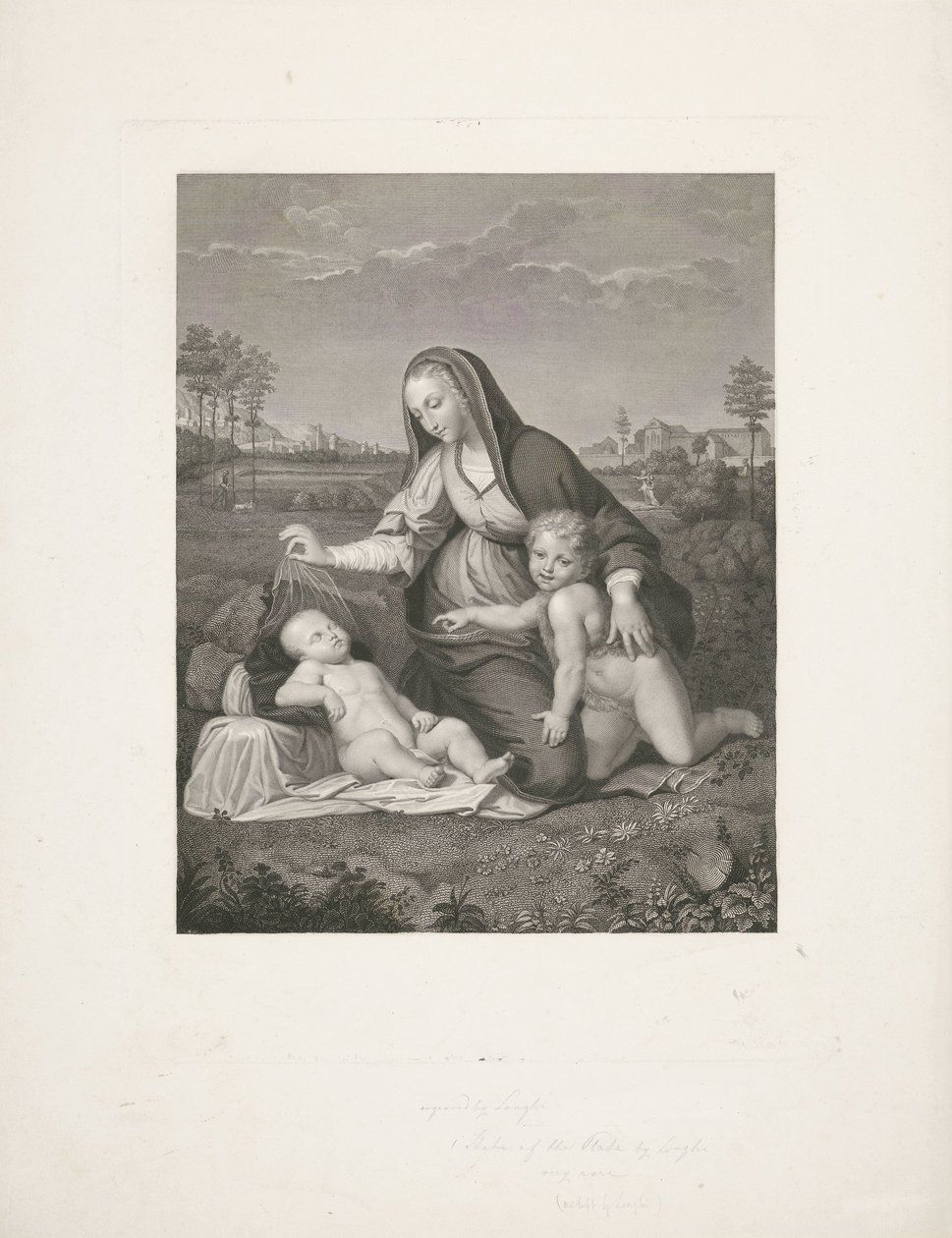 Maria med barnet och den unge Johannes döparen i ett landskap Madonna del Velo av Giuseppe Longhi