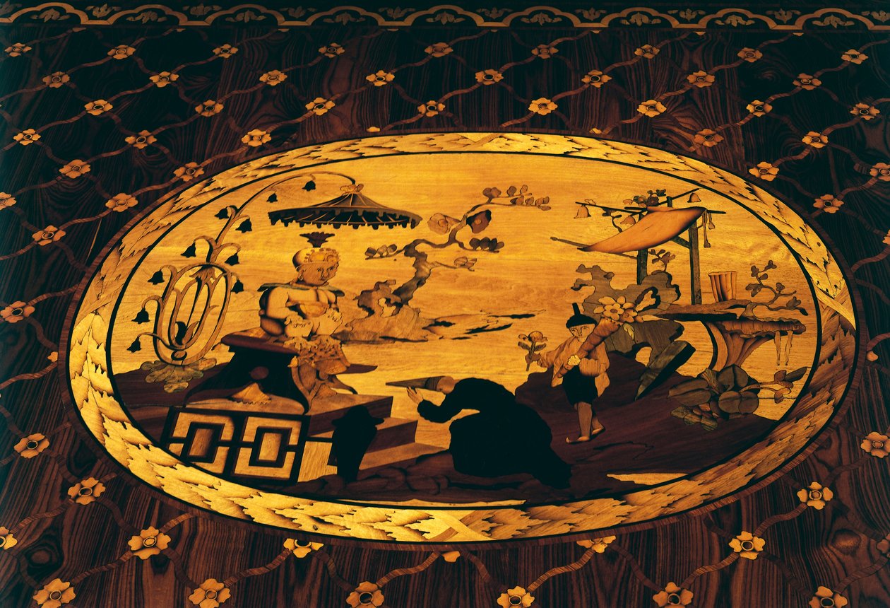 Kinesisk inspirerad scen, detalj från skrivbordet av Giuseppe Maggiolini (1738-1814) med inlägg från design av Giuseppe Levati (1739-1828), donerad av ärkehertig Ferdinand till kejsarinnan Maria Theresa av Österrike, Italien av Giuseppe Maggiolini