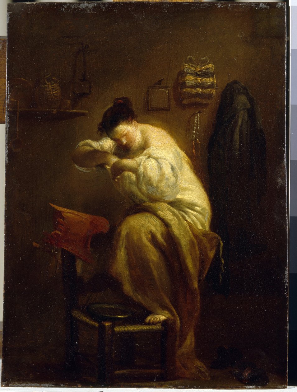 Kvinna som letar efter loppor. (Kvinna söker loppor). Målning av Giuseppe Maria Crespi (1665-1747), olja på duk, cirka 1710. Italiensk konst (Bologna) av Giuseppe Maria Crespi