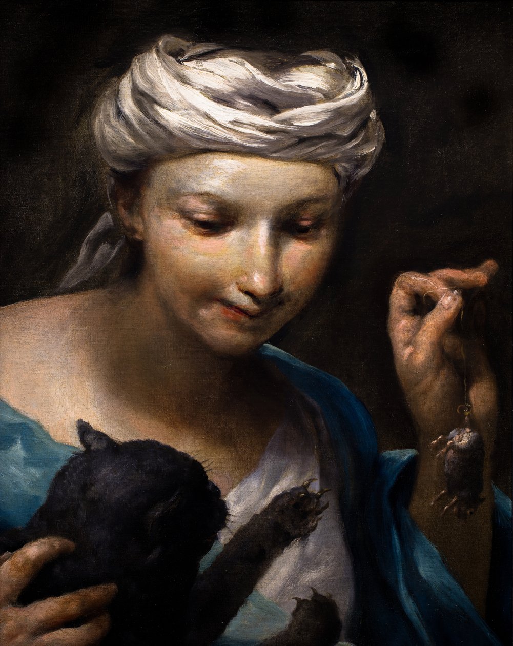 Liten flicka leker med en katt och en död mus (detalj) av Giuseppe Maria (1665 1747) Crespi