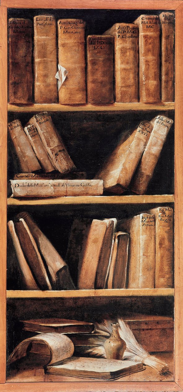 Stillebensbibliotek med musikböcker. Målning av Giuseppe Maria Crespi dit lo Spagnolo (spanjoren) (1665-1747) 1715 Bologna, Musikkonservatoriet av Giuseppe Maria Crespi