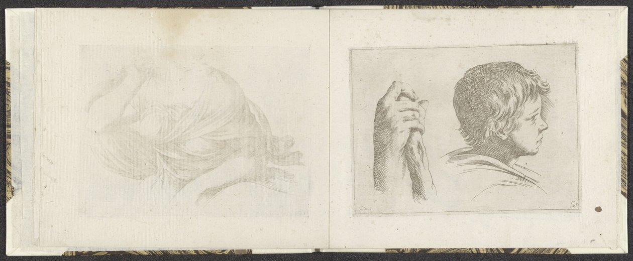 Hand med en träpinne och huvudet av en pojke Ritningsexempel (serietitel) Mitelli intaglio (serietitel) av Giuseppe Maria Mitelli