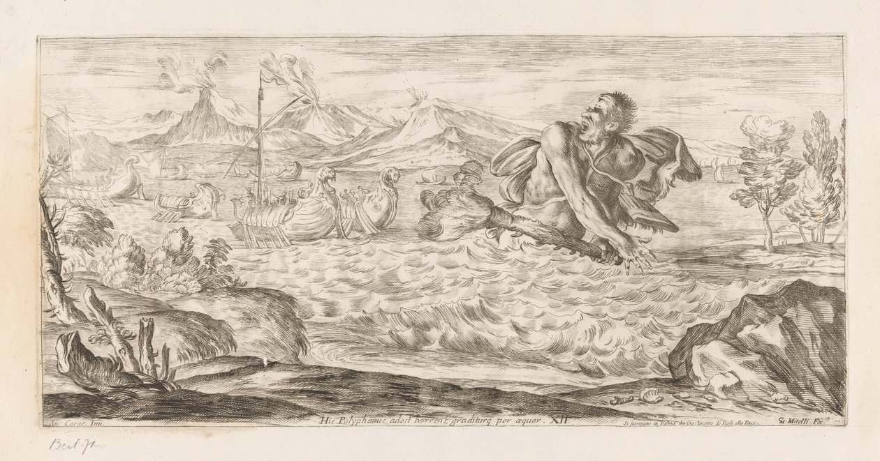 Polyphemus achtervolgt de vloot van Aeneas Här är Polyphemus närvarande, hemsk, skrider över slätten (titel på objekt) Omzwervingen van Aeneas (serietitel) L
