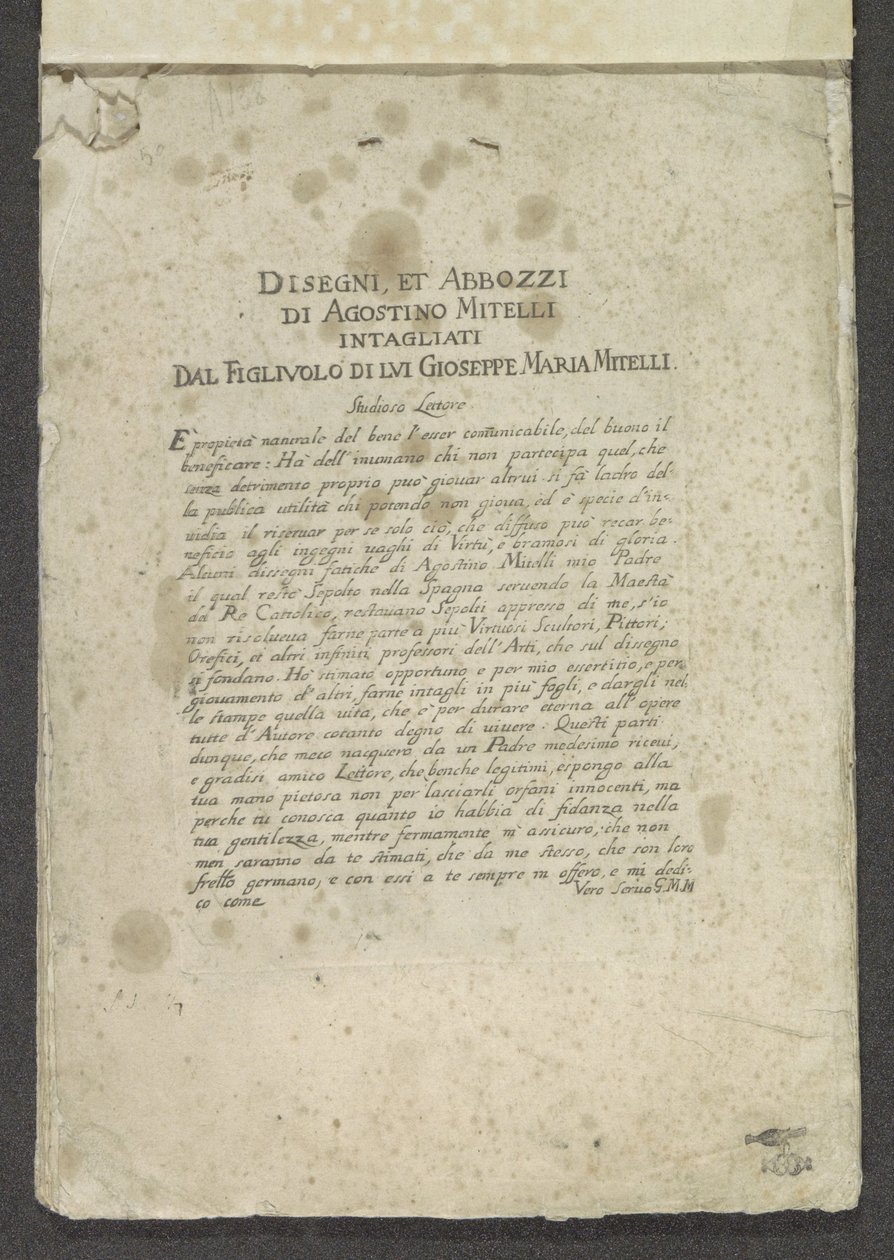 Titeltryck med förord ​​i ordning Ornament (serietitel) Teckningar och skisser av Agostino Mitelli snidade av hans son Gioseppe Maria Mitelli (serietitel på objekt) av Giuseppe Maria Mitelli