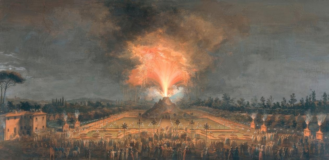 Nattlig festival med eldsprutande vulkan i Cascine i Florens för att hedra storhertig Ferdinand III. av Giuseppe Maria Terreni