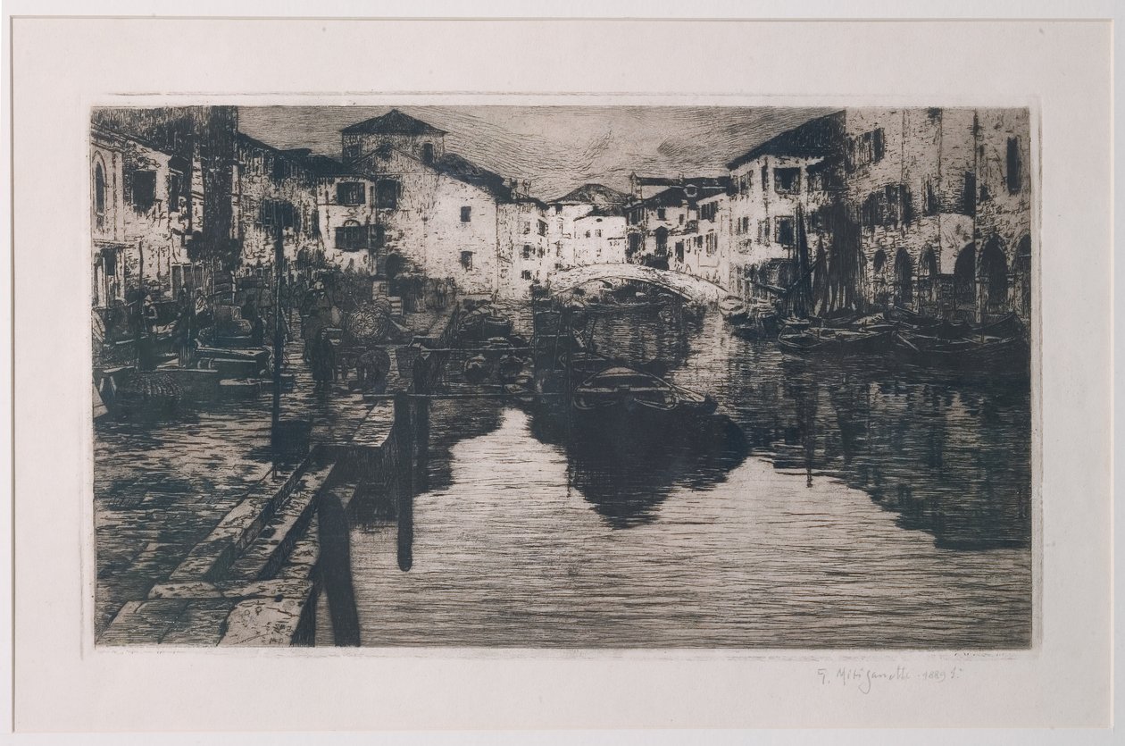 Fiskmarknadskanalen i Chioggia (etsning på vitt papper) av Giuseppe Miti Zanetti