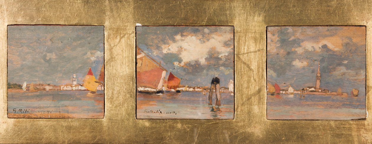 Triptyque med lagun (olja på plywood) av Giuseppe Miti Zanetti