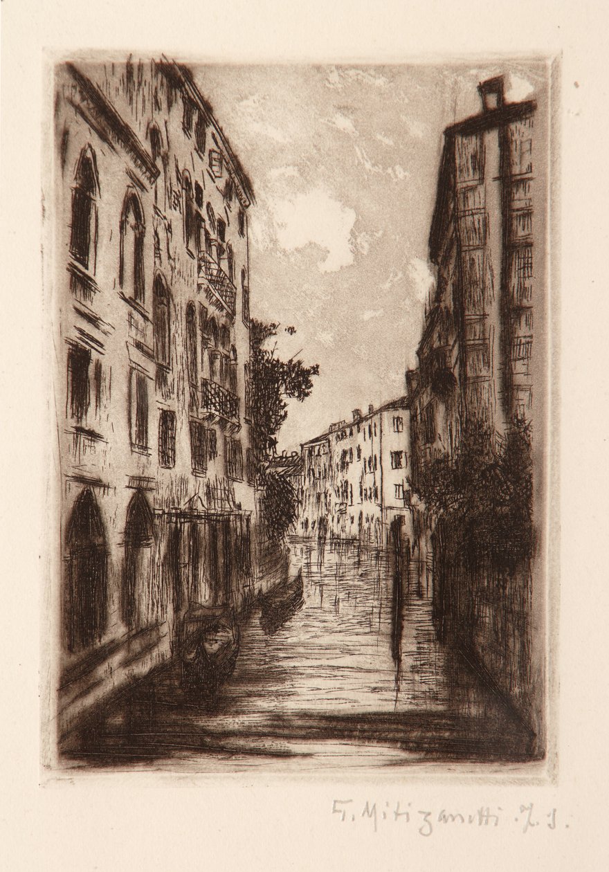 Venetianska kanalen (etsning på vitt papper) av Giuseppe Miti Zanetti