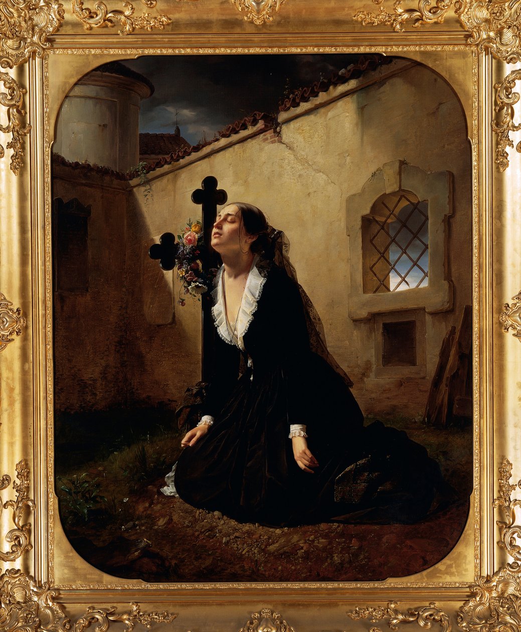 Beklagande förlust av älskade eller fru till överste Manara vid hennes makes grav, av Giuseppe Molteni (1800-1867), olja på duk av Giuseppe Molteni