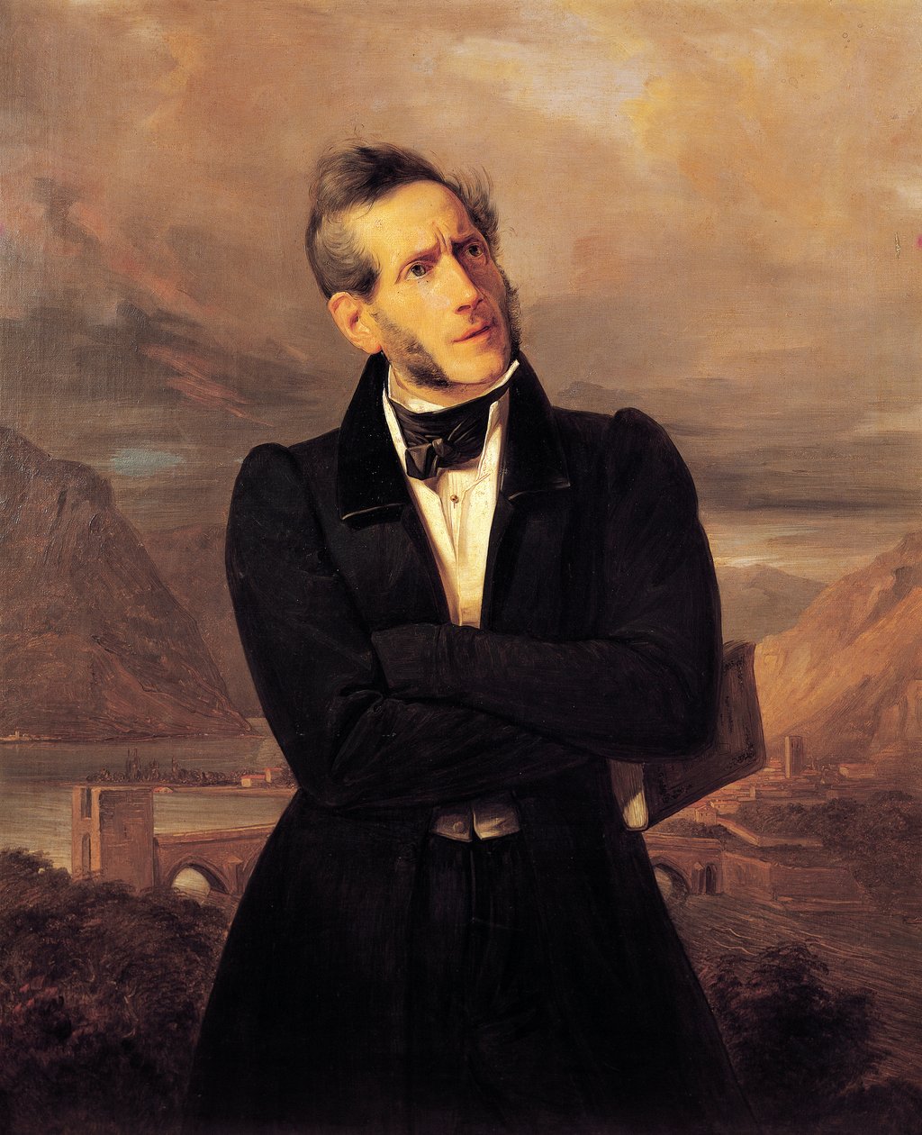 Porträtt av Alessandro Manzoni med utsikt över Lecco, målning av Giuseppe Molteni (1800-1867), landskap målat av Massimo d