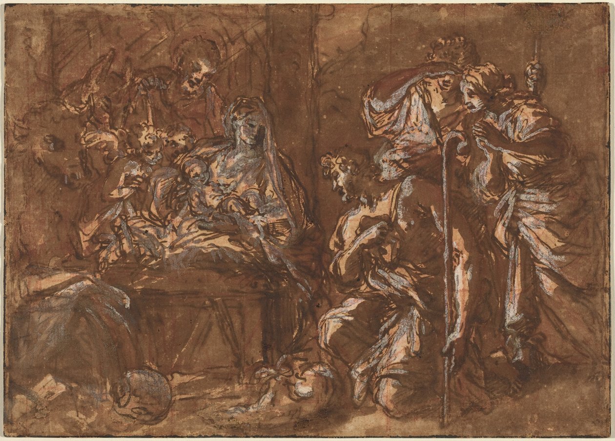 Herdarnas tillbedjan (penna och brunt bläck med brun lavering över rödkrita, förstärkt med vitt på liggande papper, kvadrerad för överföring) av Giuseppe Passeri