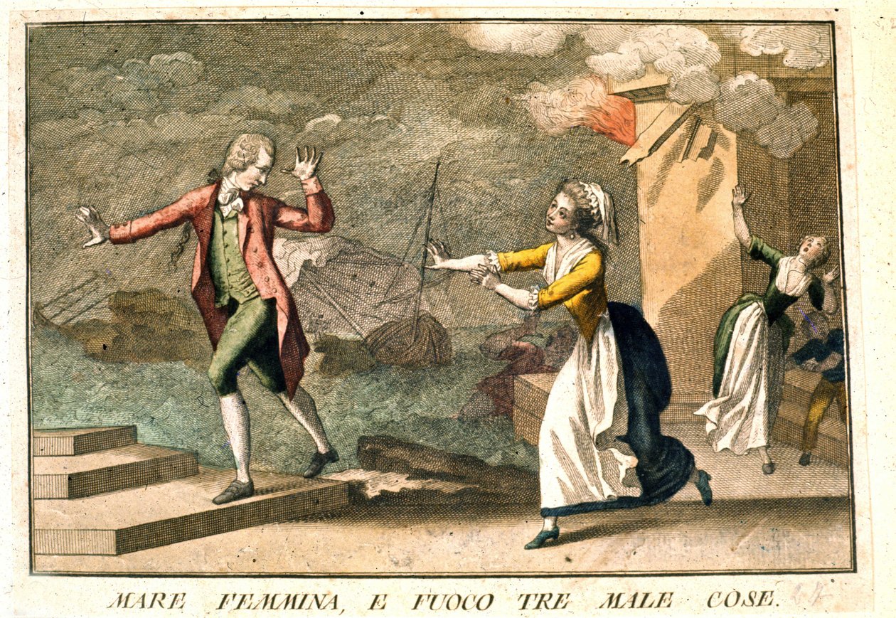 Ordspråket: "Havet, kvinnorna och elden: de tre onda." 1700-talsgravyr som illustrerar en rad ordspråk. Giuseppe Piattoli (1740/50-1818). av Giuseppe Piattoli
