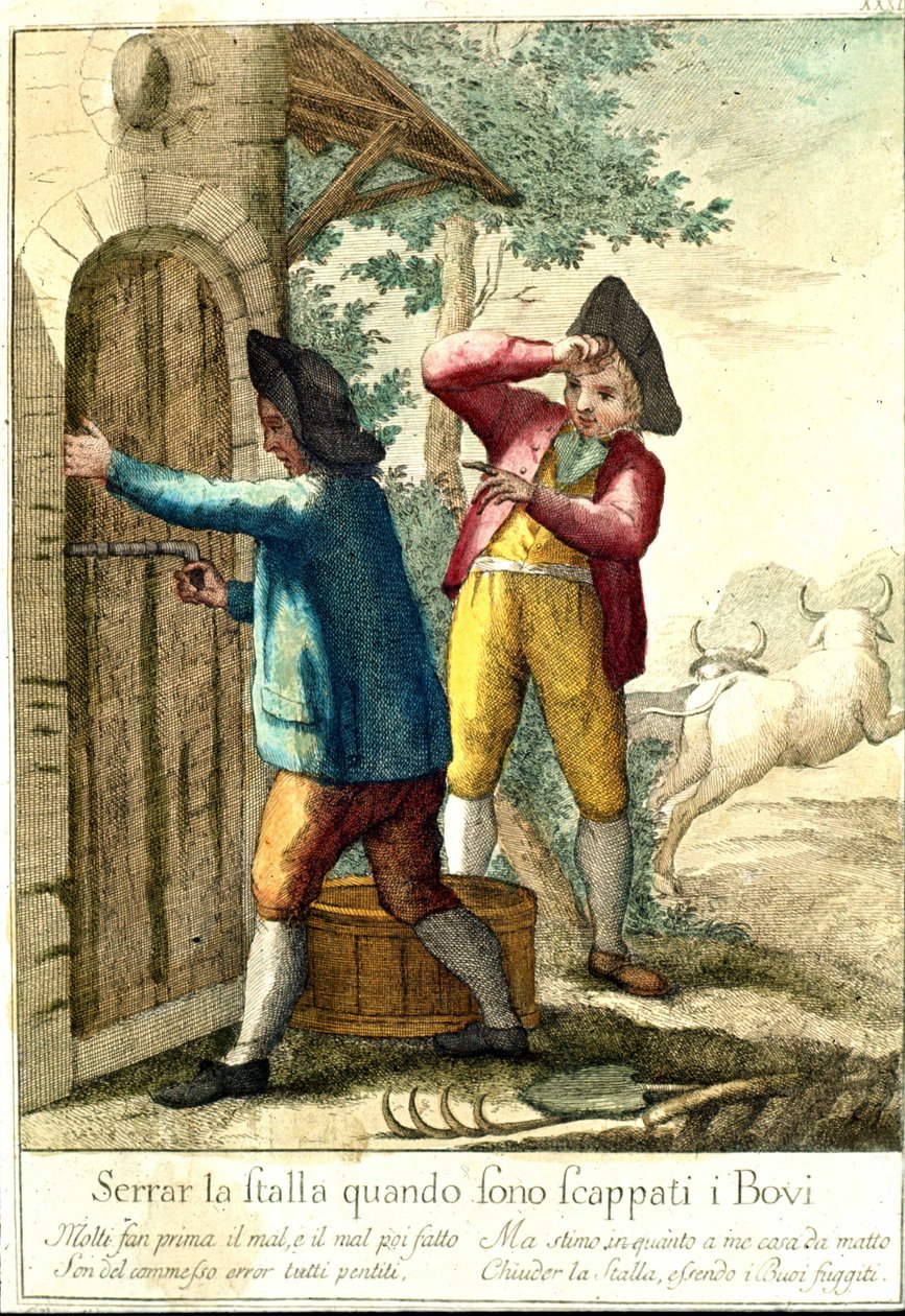 "Det är ingen idé att stänga stallet när hästarna har rymt." 1700-talsgravyr som illustrerar en rad ordspråk. Giuseppe Piattoli (1740/50-1818) av Giuseppe Piattoli