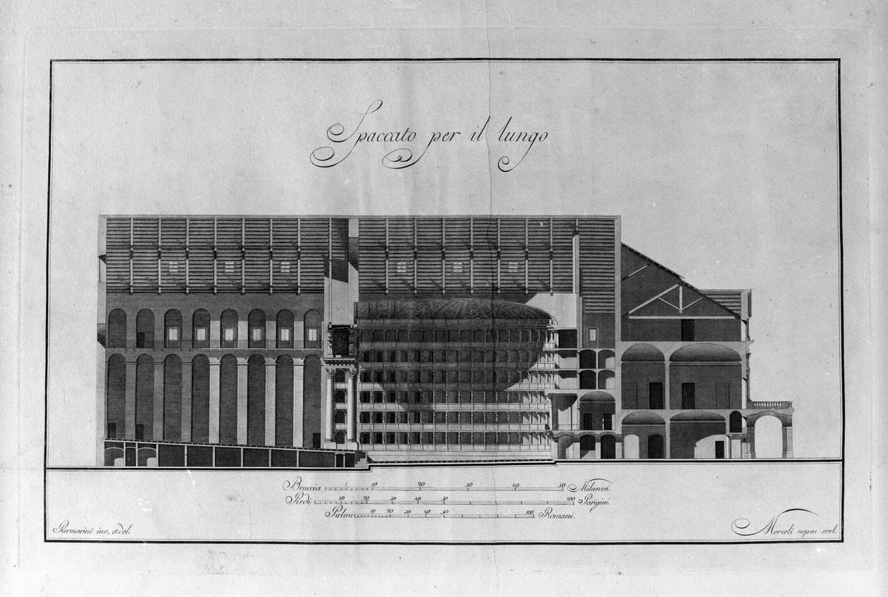 Architectural Cup of the Theatre of La Scala av Giuseppe Piermarini (1734-1808) ca. 1776-1778 Milano Italien (Arkitektur utskuren teckning av teater alla Scala av Piermarini, Milano, Italien) Gravyr av Giuseppe Piermarini