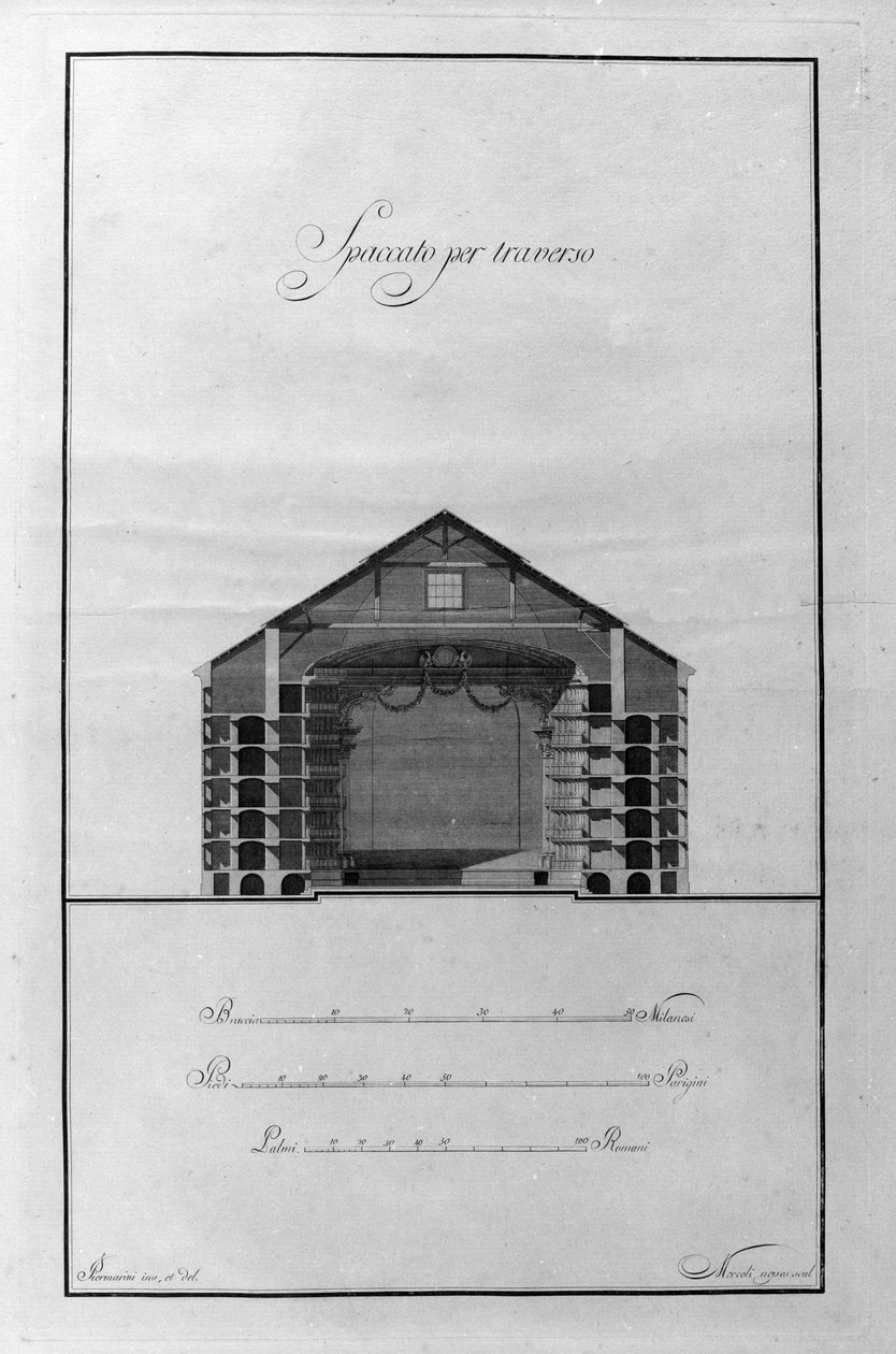 Arkitektonisk kopp av teatern La Scala av Giuseppe Piermarini (1734-1808) runt 1776-1778 Milano, Italien (Arkitektur utskuren teckning av teater alla Scala av Piermarini, Milano, Italien) Gravyr av Giuseppe Piermarini
