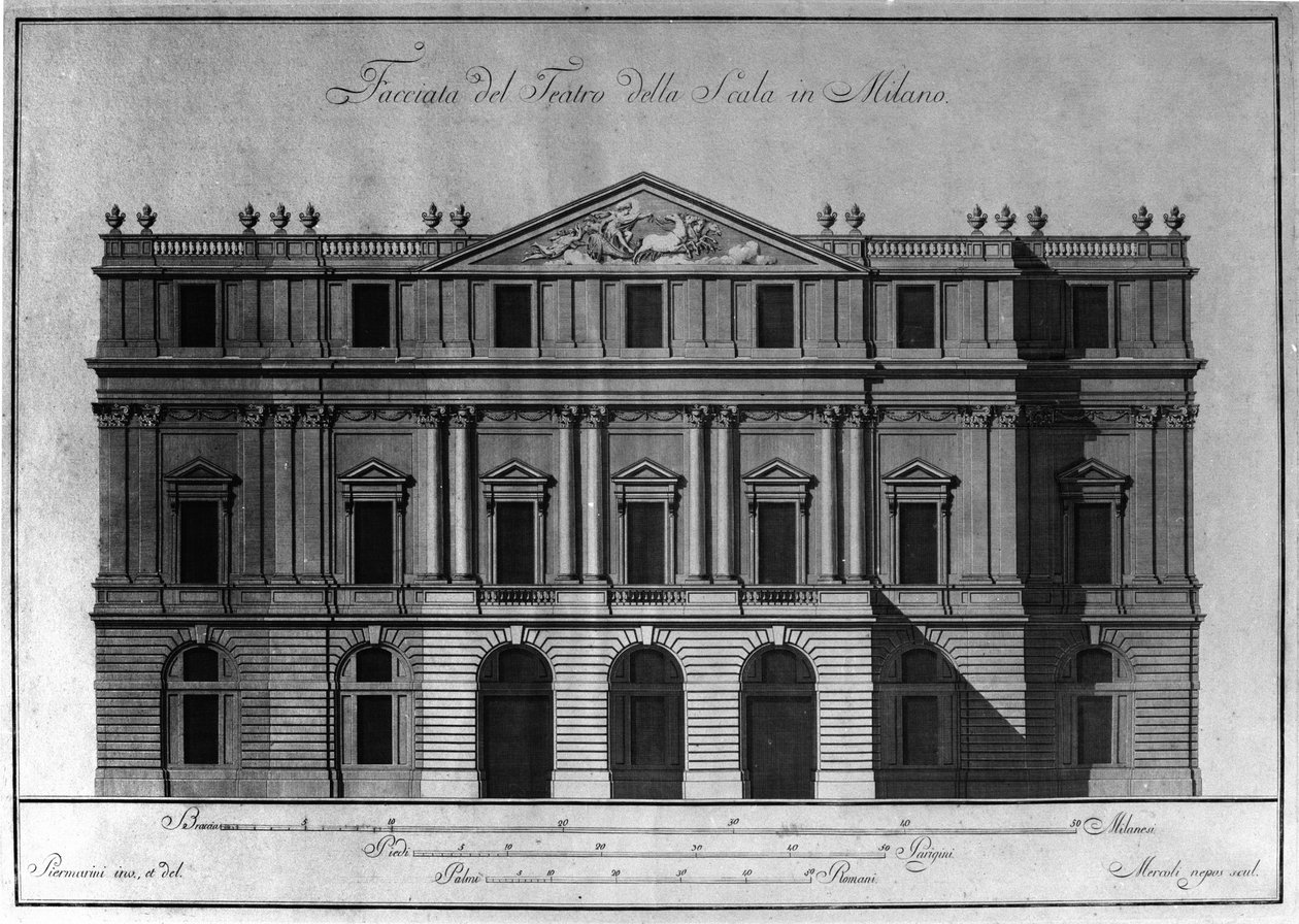 Ritning av den yttre arkitekturen av fasaden på Teatro alla Scala (Theatre de la Scala) i Milano realiserad av Giuseppe Piermarini (1734-1808). av Giuseppe Piermarini