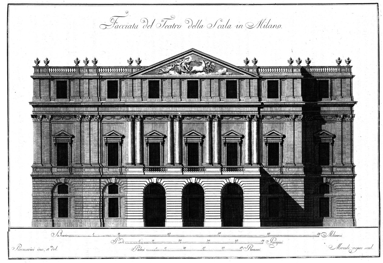 Ritning av den yttre arkitekturen av fasaden på Teatro alla Scala (Theatre de la Scala) i Milano realiserad av Giuseppe Piermarini (1734-1808). av Giuseppe Piermarini