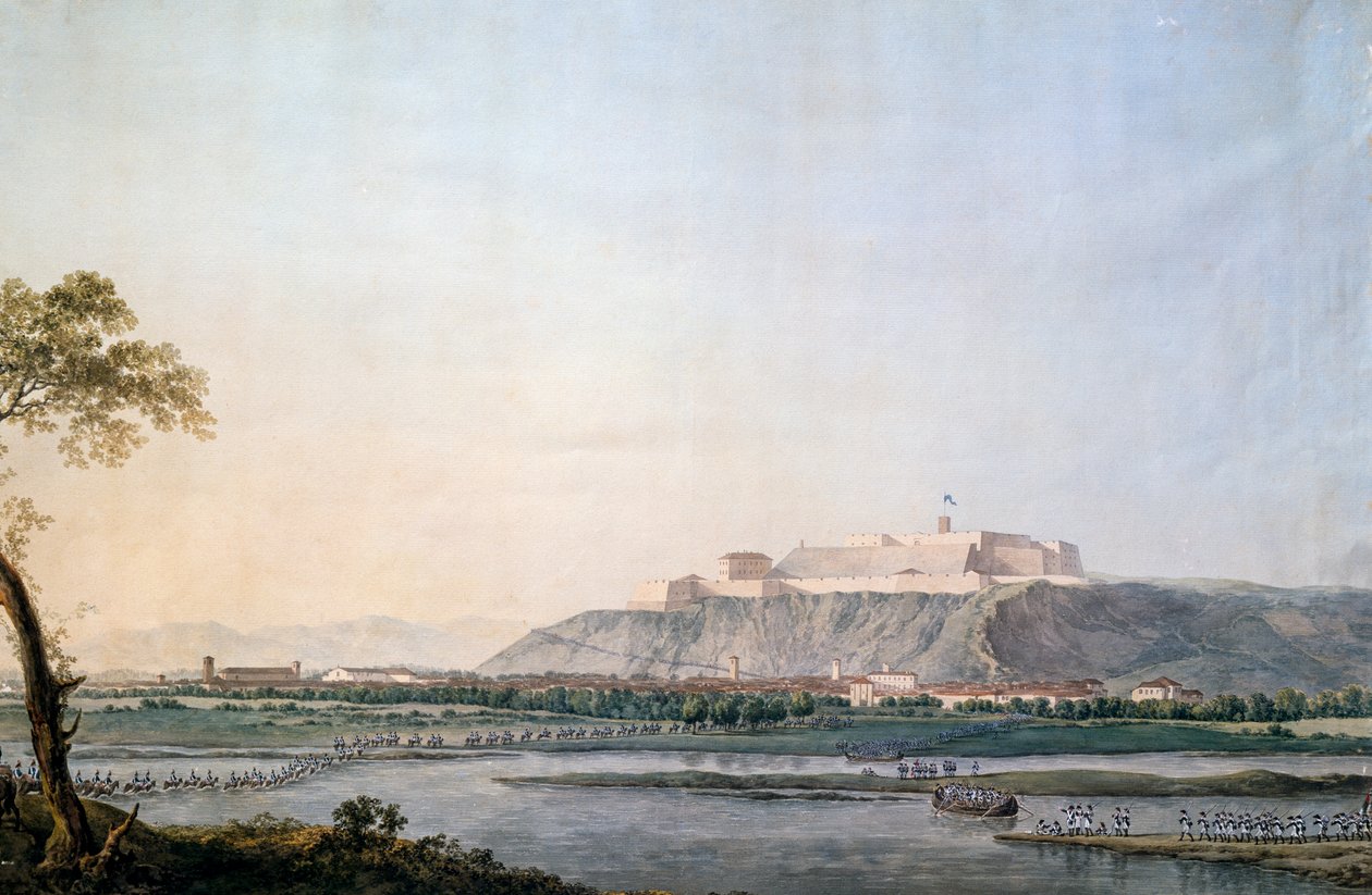 Fransk armé korsar Scrivia, målning av Giuseppe Pietro Bagetti (1764-1831), Napoleonkrigen, Italien av Giuseppe Pietro Bagetti