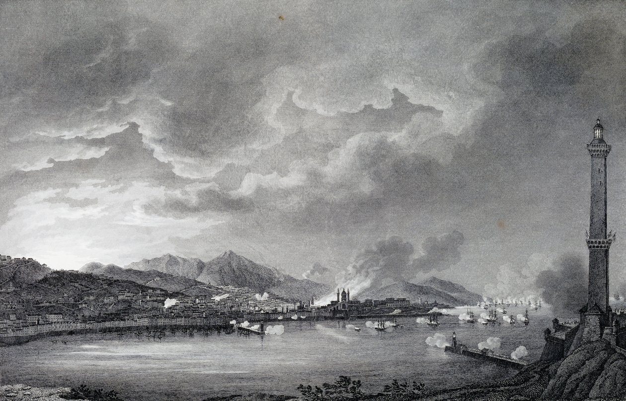 Genua bombarderas av engelsk flotta, 25 maj 1800, stålstick från teckning av Giuseppe Pietro Bagetti (1764-1831), Paris av Giuseppe Pietro Bagetti