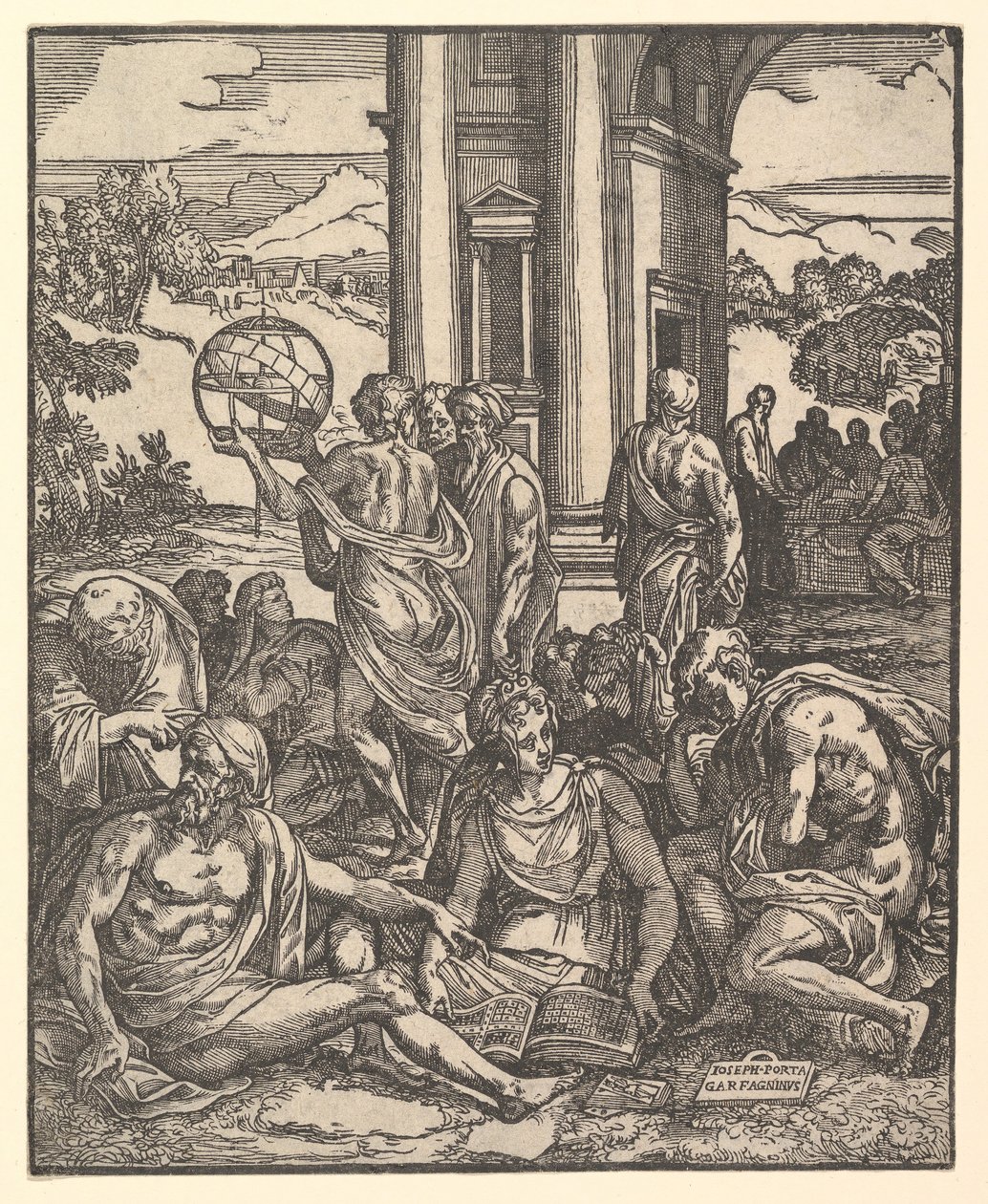 Frontispice till "Francesco Marcolini da Forlis öde med titeln Tankarnas trädgård", 1540. av Giuseppe Porta
