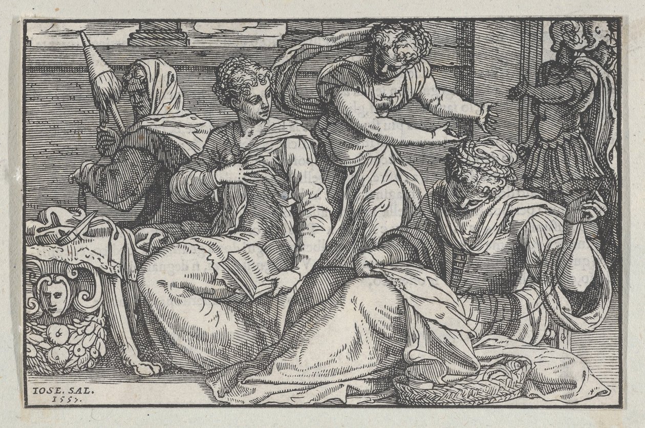 Lucretia instruerar sina döttrar i handarbete, 1557. av Giuseppe Porta