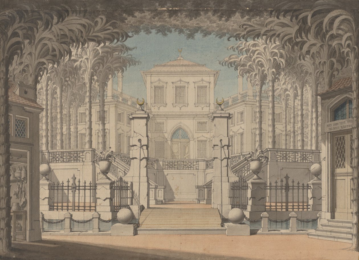 Ett turkiskt palats (troligen för Mozarts "Abduction from the Seraglio") av Giuseppe Quaglio