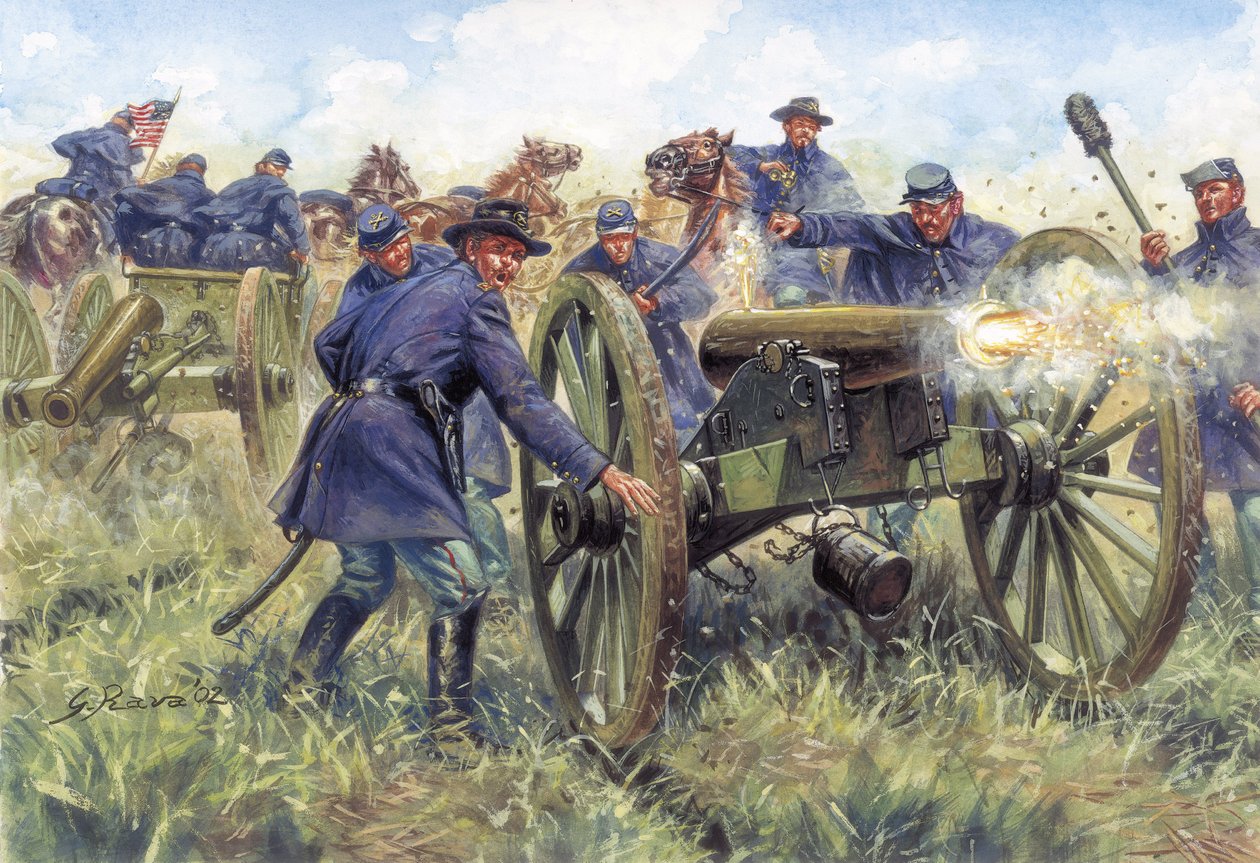 Amerikanska inbördeskriget: soldater från nordstaterna (unionen) använder ett gevär under ett slag - Illustration av Giuseppe Rava av Giuseppe Rava