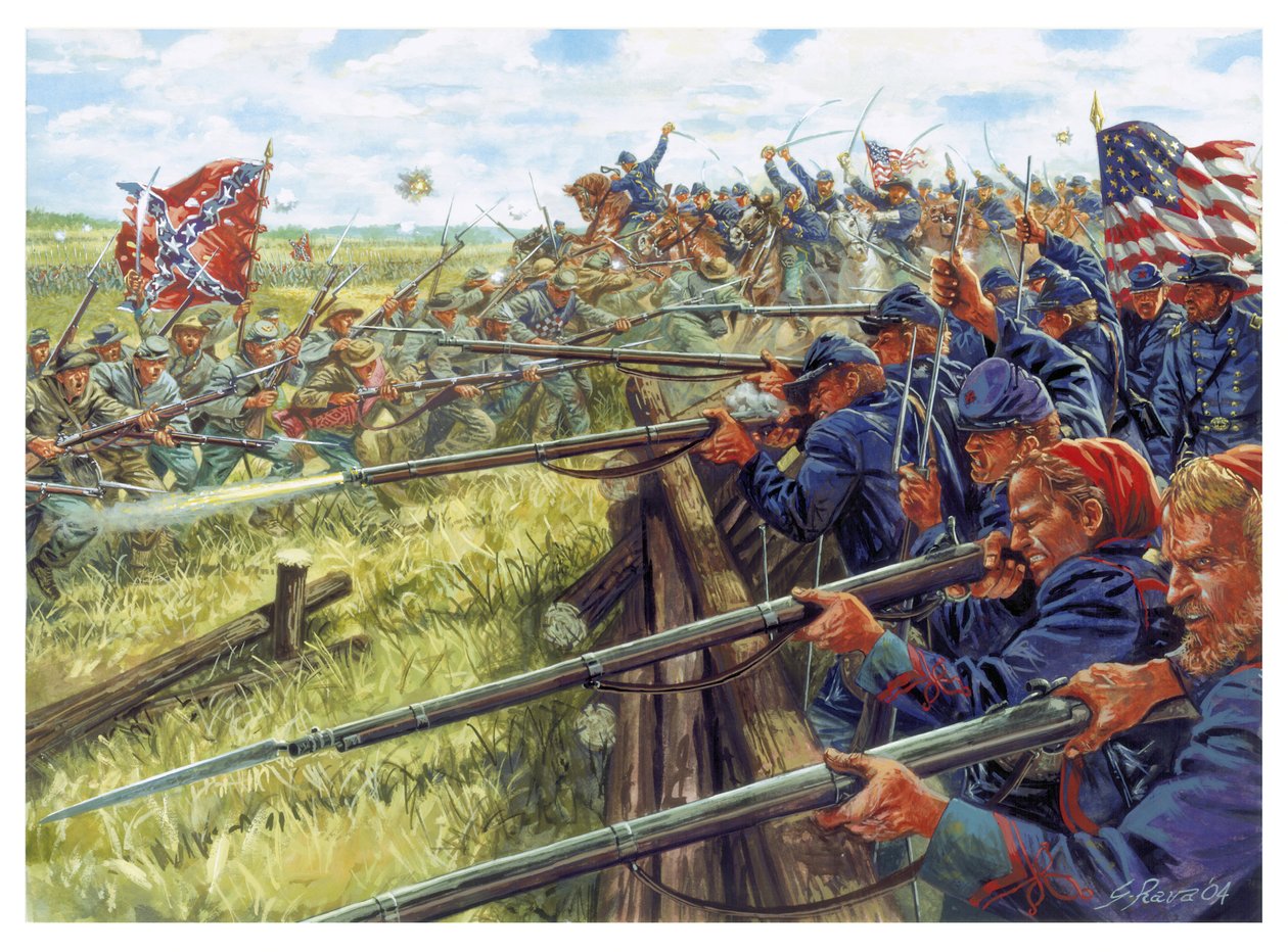 Amerikanska inbördeskriget: strid mellan de grå (till vänster soldater från konfederationen) och de blå (soldater från unionen) och de blå (soldater från unionen) - Illustration av Giuseppe Rava av Giuseppe Rava