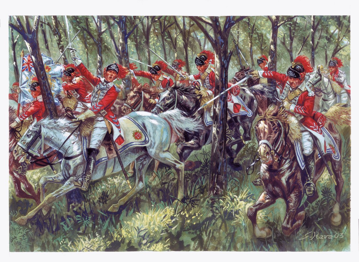 Amerikanska självständighetskriget (1775-1783): de amerikanska nybyggarnas anfall - Amerikanska revolutionskriget - Illustration av Giuseppe Rava av Giuseppe Rava