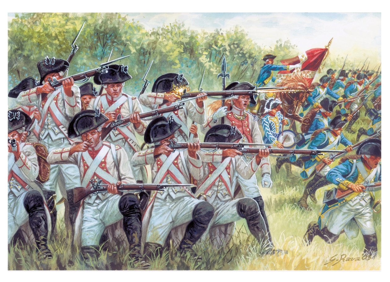 Amerikanska revolutionskriget: franska regementen i strid med amerikaner - Illustration av Giuseppe Rava av Giuseppe Rava