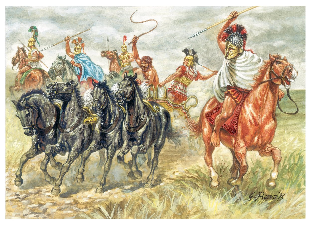 Antikens Grekland: Grekiska kavallerisoldater och stridsvagn - Antikens Grekland: grekiska soldater och röding - Illustration av Giuseppe Rava av Giuseppe Rava