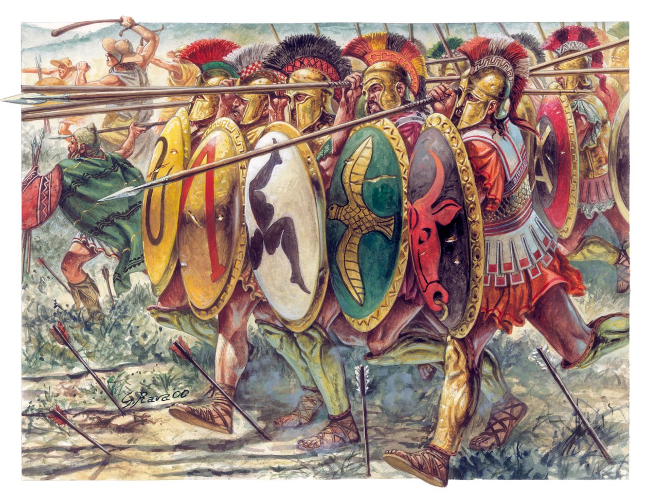 Antikens Grekland: hopliter, infanteri tunga vapen - Antikens Grekland: hopliter - Illustration av Giuseppe Rava av Giuseppe Rava