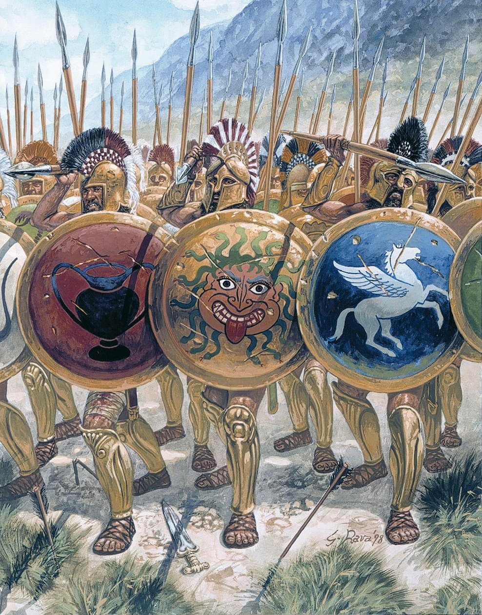 Antikens Grekland: hopliternas framryckning - Antikens Grekland: hopliternas framryckning - Illustration av Giuseppe Rava av Giuseppe Rava
