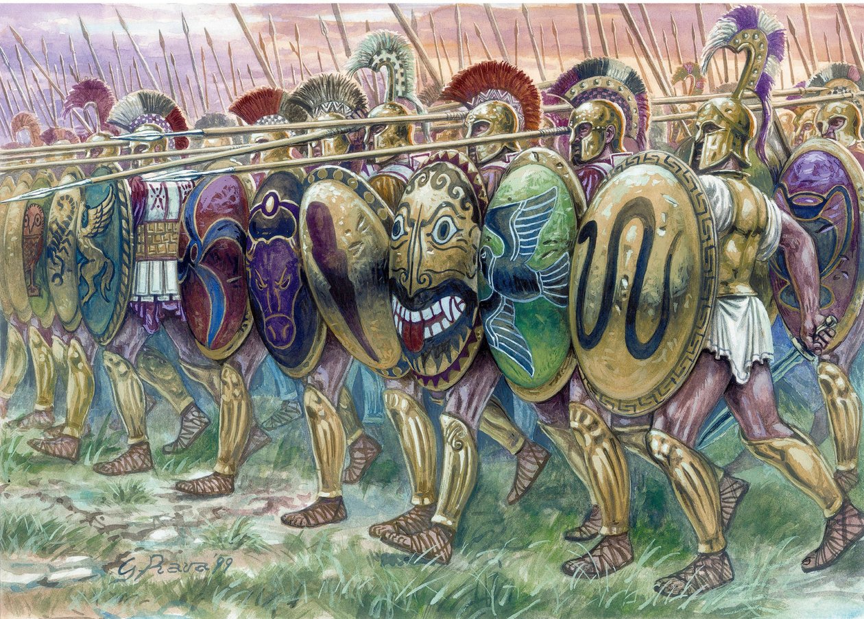 Antika Grekland: hopliterna anfaller, infanterister med tunga vapen - hopliterna anfaller, grekiska infanterister - Illustration av Giuseppe Rava av Giuseppe Rava