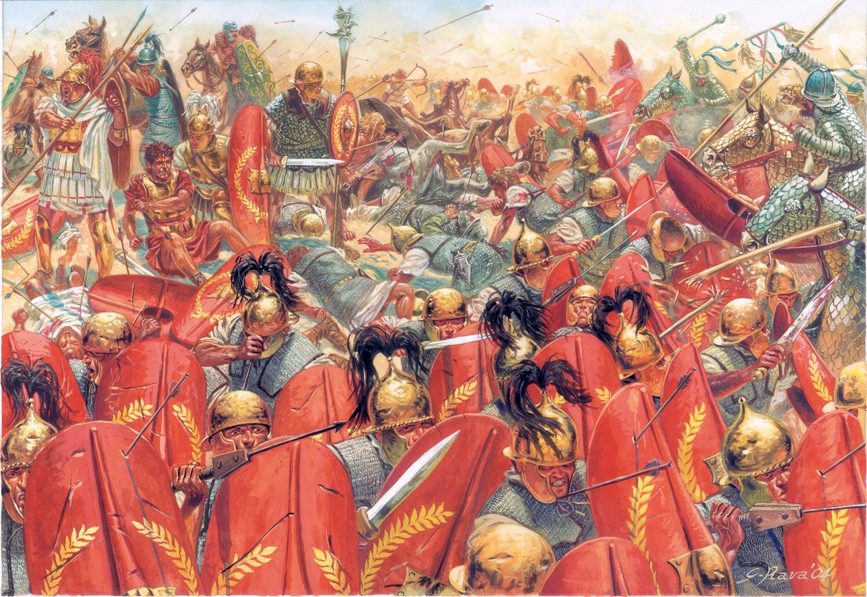 Antika Rom: Slaget vid Carrhes (eller Charan) besegrade de romerska legionerna under general Crassus, av partherna ledda av general Surena den 9 juni av Giuseppe Rava