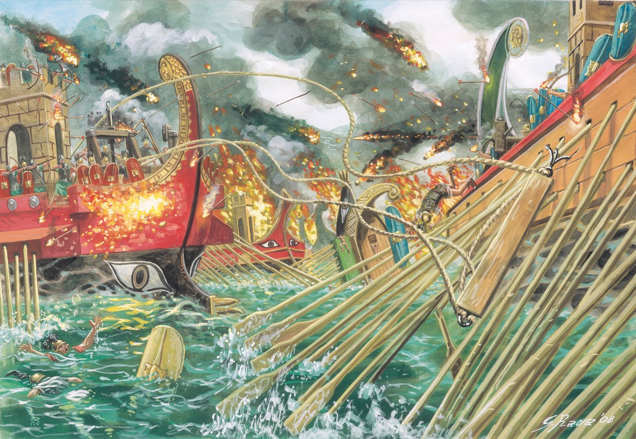 Antika Rom: slaget vid Actium mellan Octavianus styrkor och Markus Antonius och Kleopatra VII:s kombinerade styrkor den 2 september 31 f.Kr. - Illustration av Giuseppe Rava av Giuseppe Rava