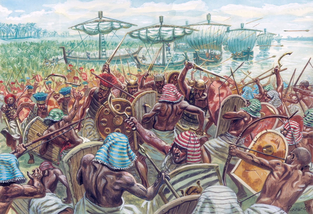 Forntida Egypten: Slaget vid deltat var ett sjöslag mellan Egypten och sjöfolken, cirka 1175 f.Kr. då den egyptiske faraon Ramses III slog tillbaka en större sjöinvasion - Illustration av Giuseppe Rava av Giuseppe Rava