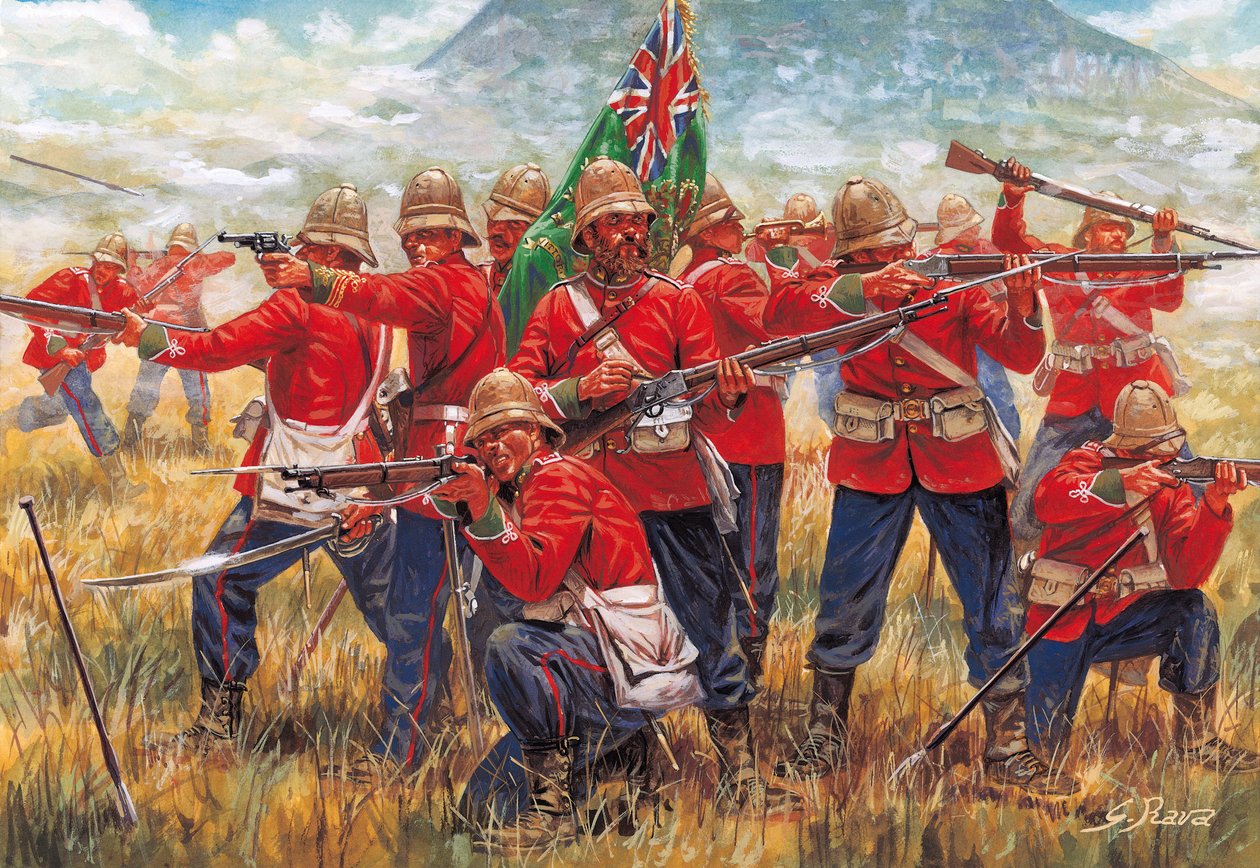 Anglo-Zulu-kriget: soldater från det brittiska imperiet i slaget vid Isandhlwana (Isandlwana eller Isandula) i Sydafrika, 22/01/1879 - Anglo-Zulu-kriget: soldater från det brittiska imperiet, slaget vid Isandlwana den 22 januari 1879 - Illustration av Gius av Giuseppe Rava