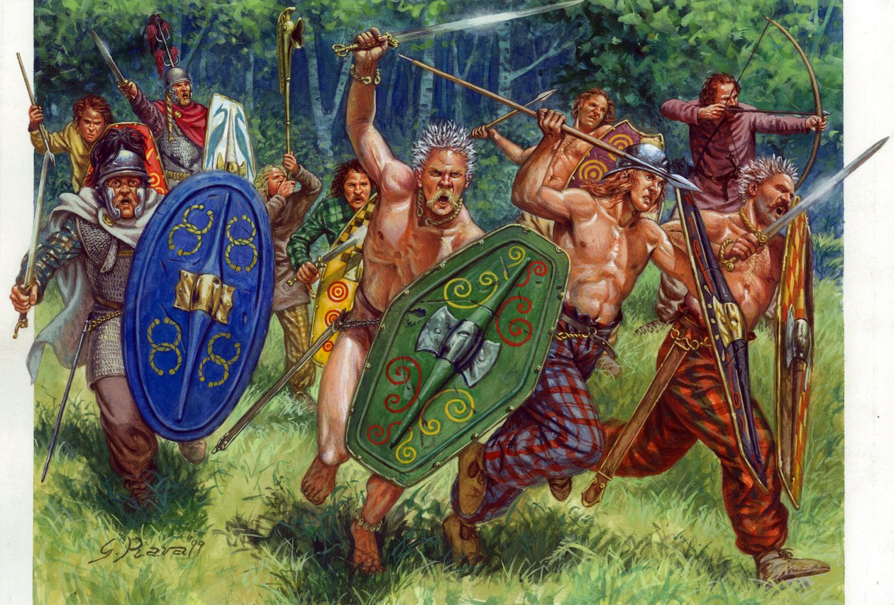 Antiquite: galliska krigares anfall, vänster i en söm - galliska krigare som anfaller, en av dem till vänster bär en ringbrynja - Illustration av Giuseppe Rava av Giuseppe Rava