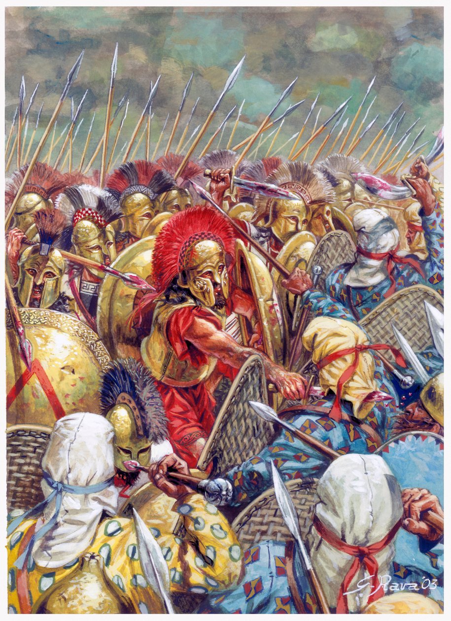 Slaget vid Thermopyle: Den spartanska armén under befäl av Leonidas I strider tillsammans med grekerna mot perserna 480 f.Kr (Persiska krigen/Slaget vid Thermopylae 480 f.Kr - (Den spartanske kungen Leonidas och hans män stupar i slaget) - Illustration av  av Giuseppe Rava