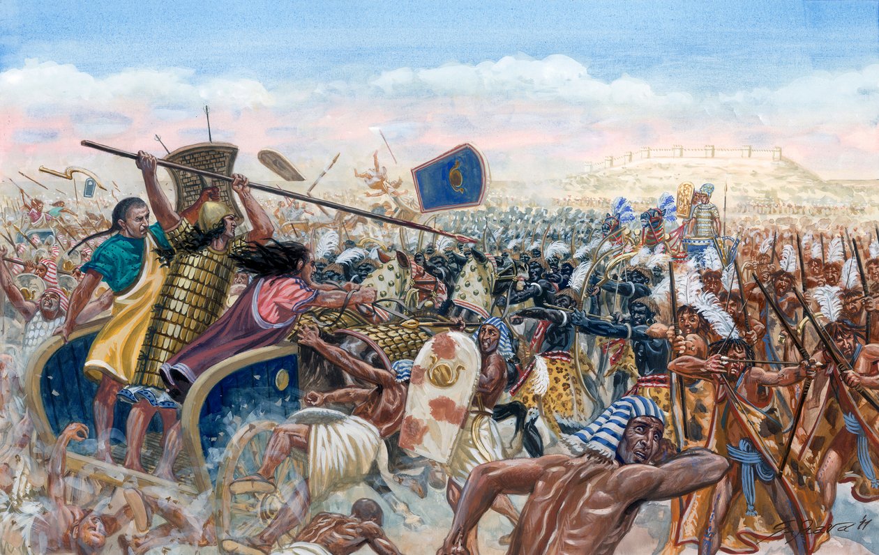 Egyptisk antikvitet: Mupatallis hettitiska tanks anfall mot Ramses II:s egyptiska armé under slaget vid Qadesh 1274 f.Kr. - Det hettitiska rikets armé under Mutalli II anfall mot farao Ramses II:s (1303 f.Kr.-1213 f.Kr.) armé under slaget vid Qadesh 1274 f av Giuseppe Rava