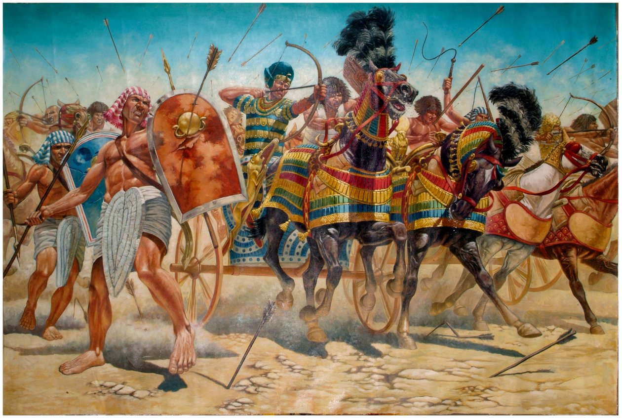 Egyptisk antikvitet: avbildning av farao Ramses II (1304-1213 f.Kr.) med sin armé som styrs av stridsvagnar under slaget vid Qadesh 1274 f.Kr. - Farao Ramses II (1303 f.Kr. ð 1213 f.Kr.) och hans armé under slaget vid Kadesh 1274 f.Kr. i det forna Egypten  av Giuseppe Rava