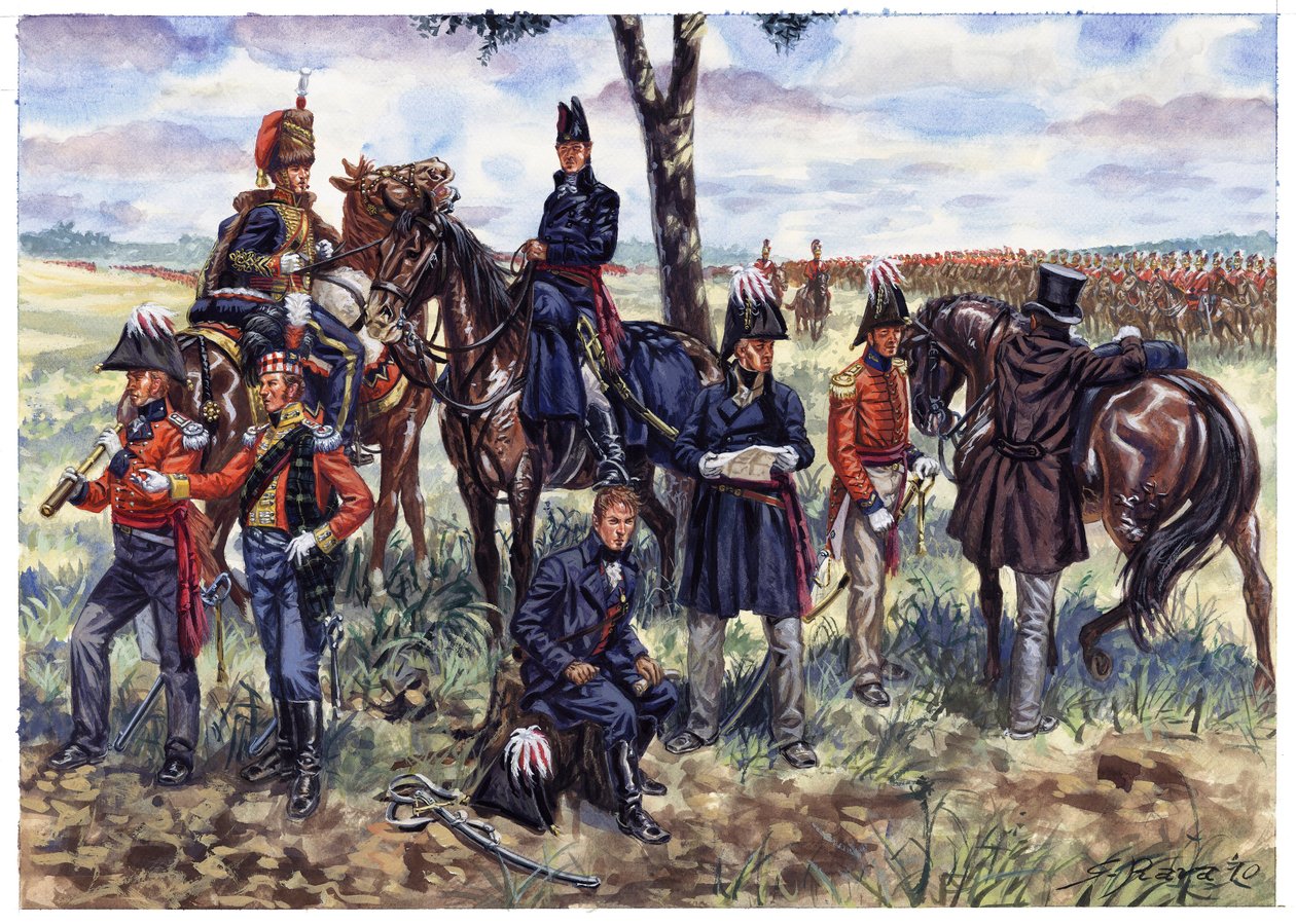 Första kejsardömet: Hertigen av Wellingtons stab vid slaget vid Waterloo den 18 juni 1815 - Illustration av Giuseppe Rava av Giuseppe Rava
