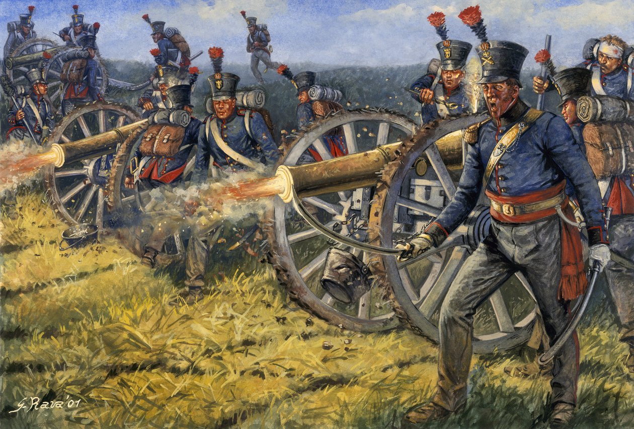 Första kejsardömet: Nederländska belgiska artillerisoldater skjuter kanonskott vid slaget vid Waterloo 18/06/1815 - Första kejsardömet: soldater från det belgiska och nederländska artilleriet skjuter med kanon under slaget vid Waterloo den 18 juni 1815 - I av Giuseppe Rava