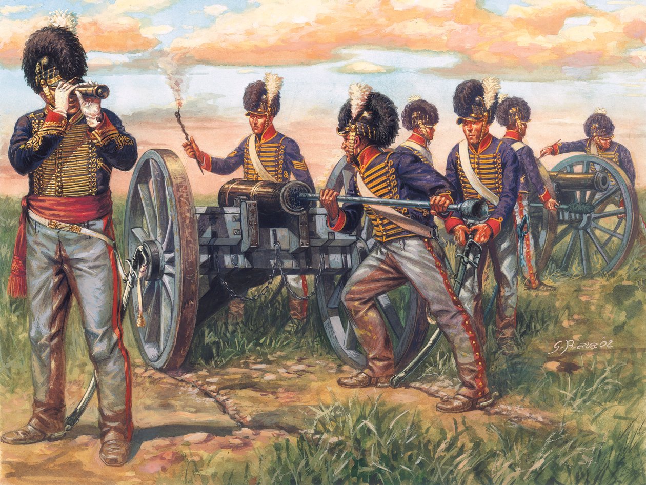 Första imperiet: Engelska artillerisoldater laddar en kanon i slaget vid Waterloo 1815 - Första kejsardömet: soldater från brittiska armén laddar en kanon i slaget vid Waterloo 1815 - Illustration av Giuseppe Rava av Giuseppe Rava