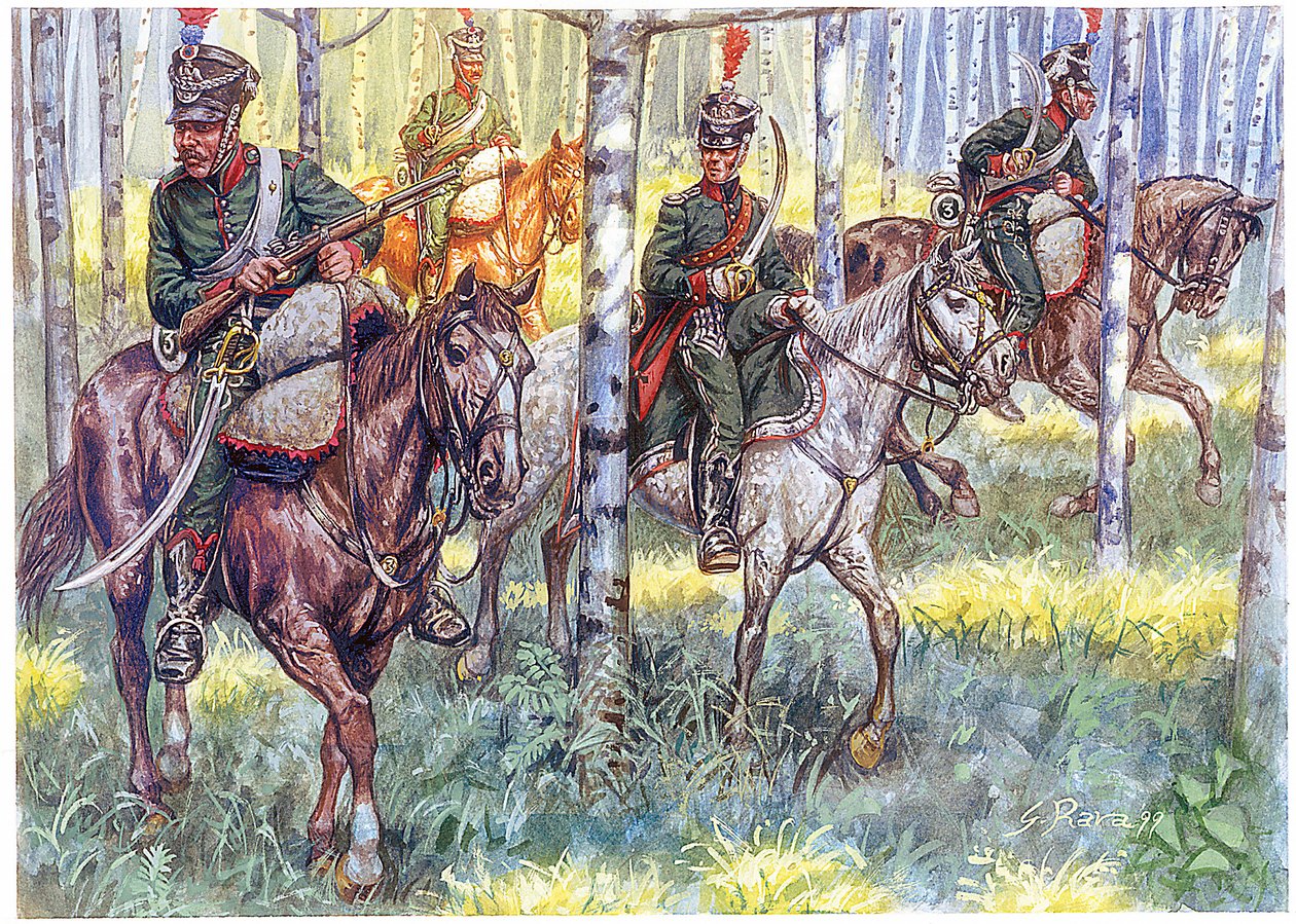 Första imperiet: Hästburna jägare i Napoleon I:s stora armé Patrol - Illustration av Giuseppe Rava av Giuseppe Rava